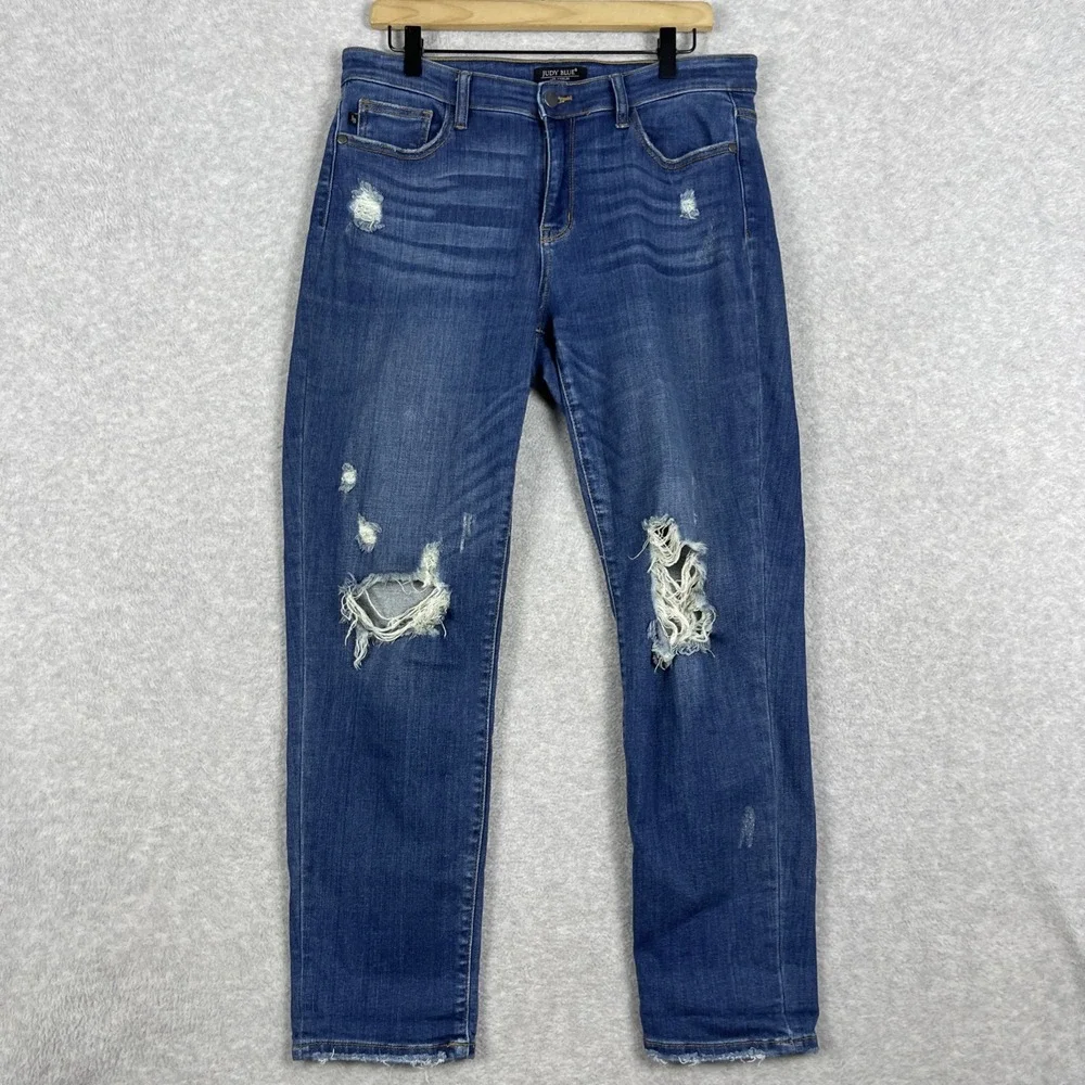 Judy Blue Slim Straight Jeans Womens 11/30 Blue Distressed Stretch Denim